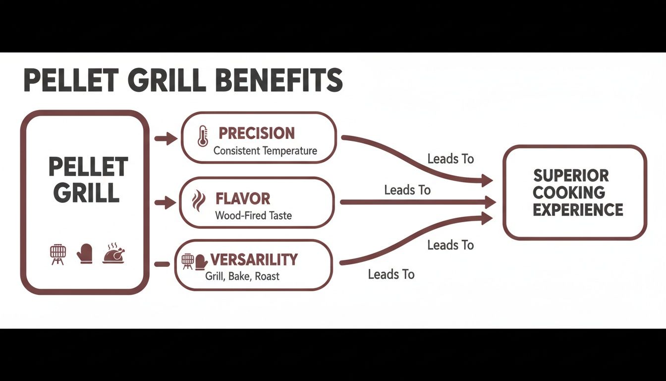 Flowchart illustrating pellet grill benefits like precision, flavor, and versatility, leading to a superior cooking experience.