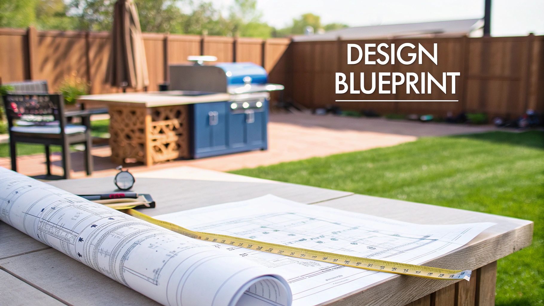 Blueprints and a measuring tape on a table in an outdoor setting with a kitchen island.