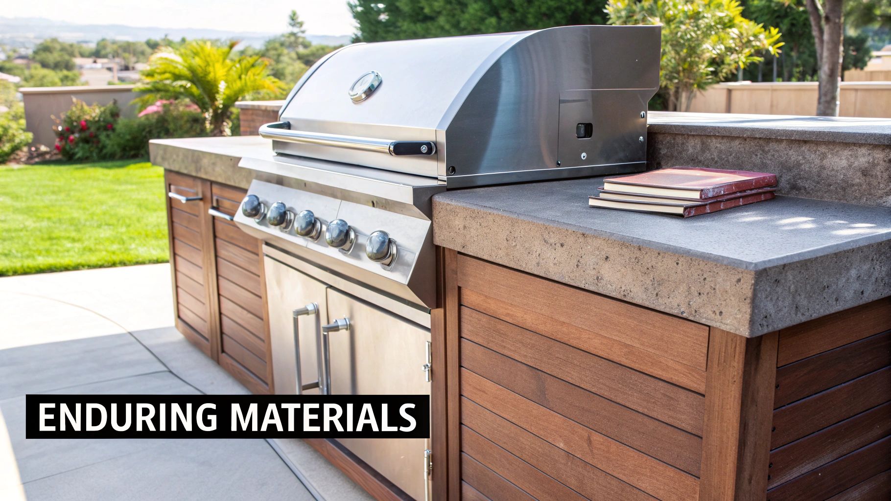 A sleek outdoor kitchen with a built-in stainless steel grill, wooden cabinets, and concrete countertops.