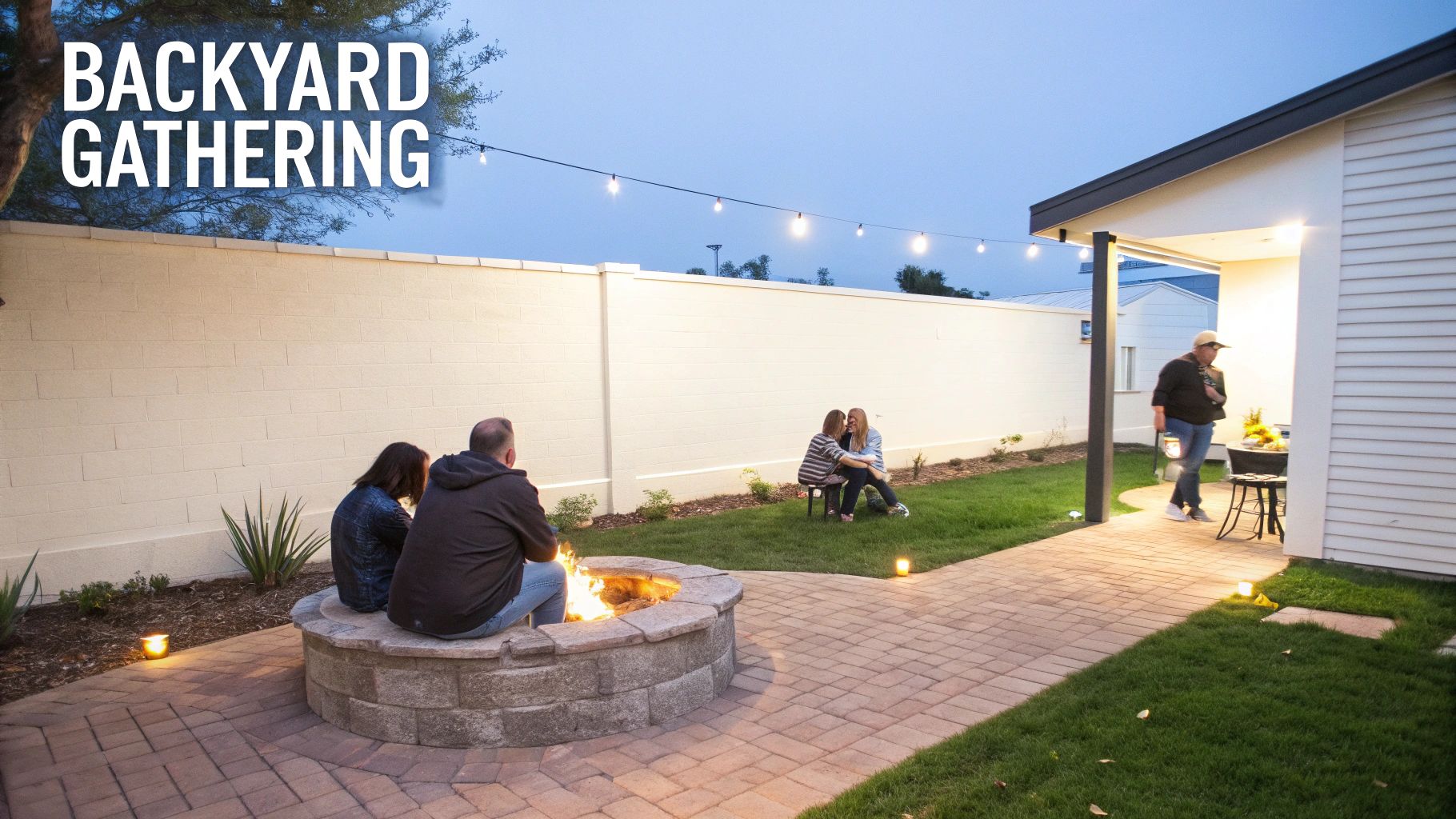 A backyard gathering scene with people relaxing around a fire pit at dusk.