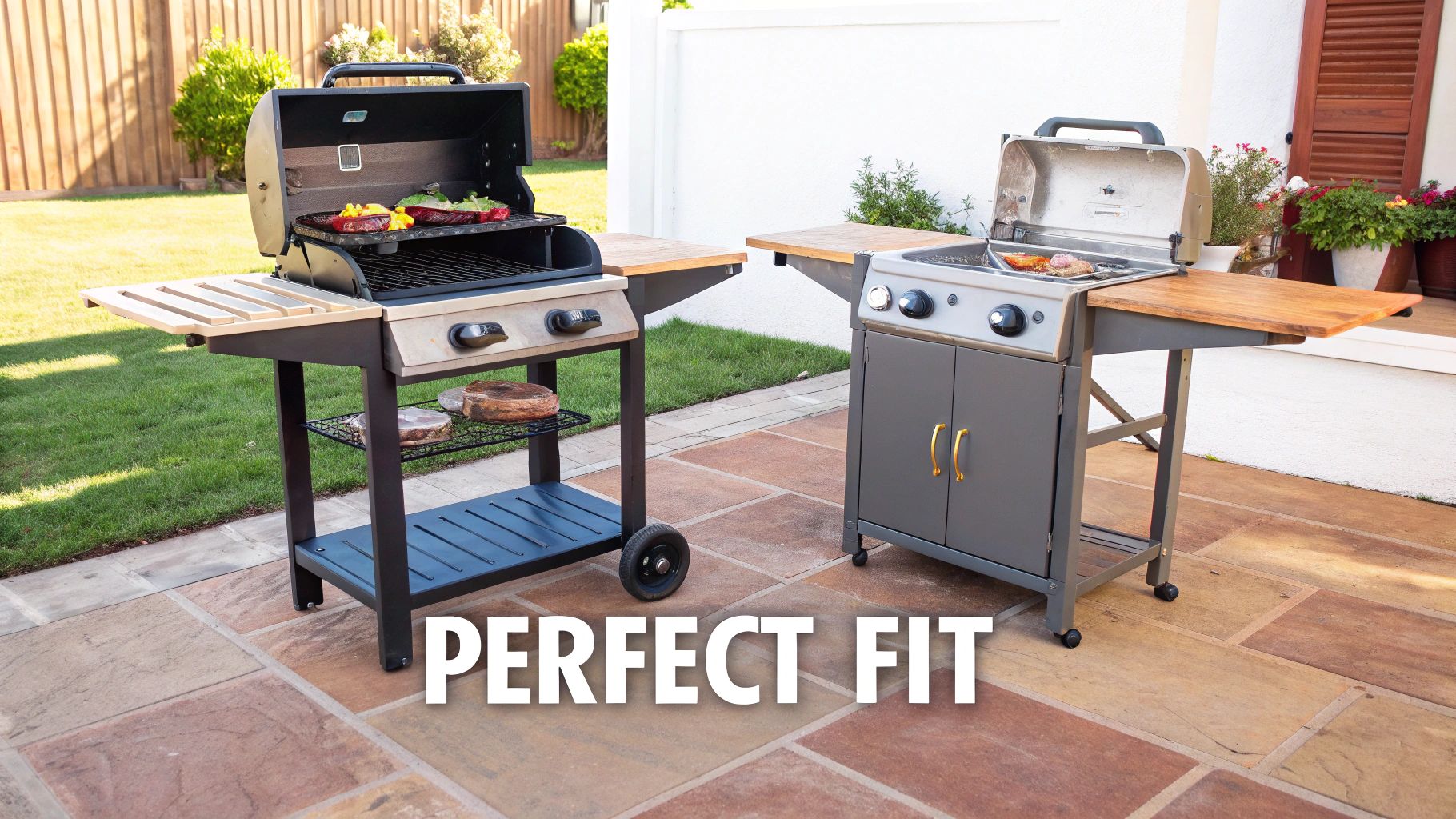 Two modern outdoor gas griddles with open lids and food grilling on a sunny patio.