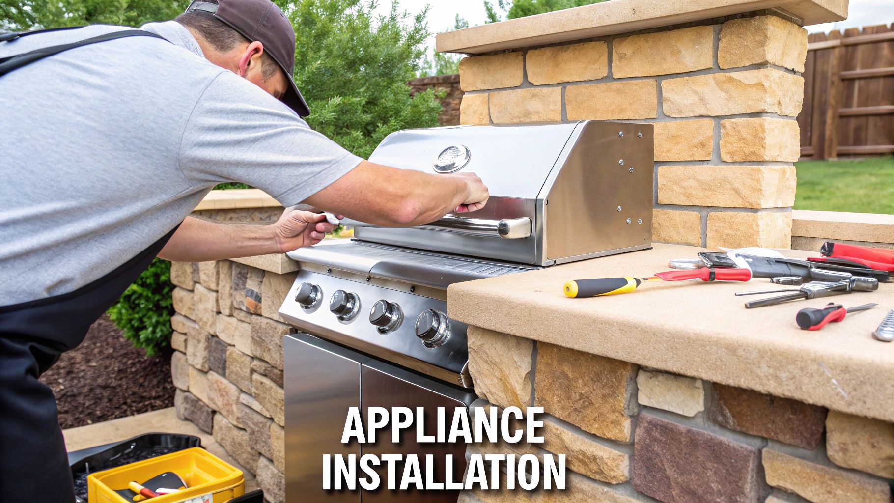 A man installing a stainless steel outdoor grill into a stone outdoor kitchen countertop, with tools nearby.