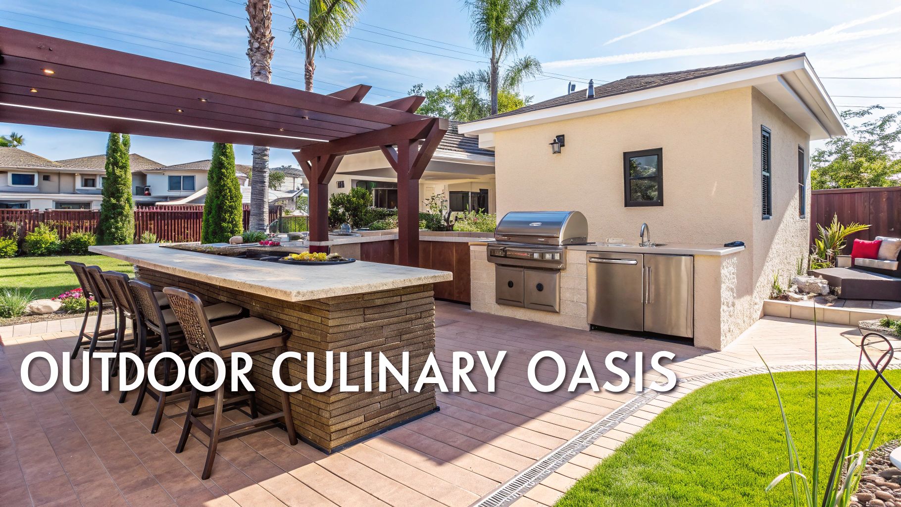 A luxurious outdoor kitchen with a bar, grill, and stainless steel appliances under a wooden pergola.