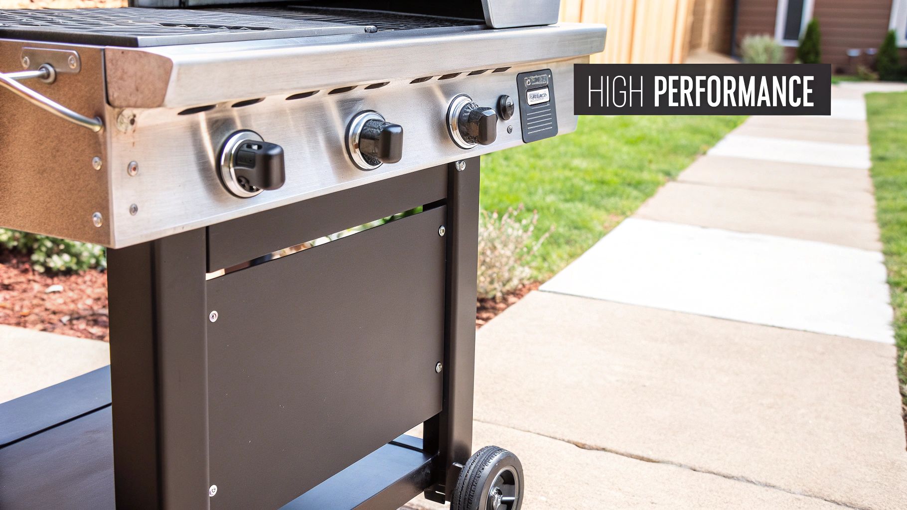 A close-up of a sleek stainless steel gas grill with black control knobs and a 'HIGH PERFORMANCE' banner.