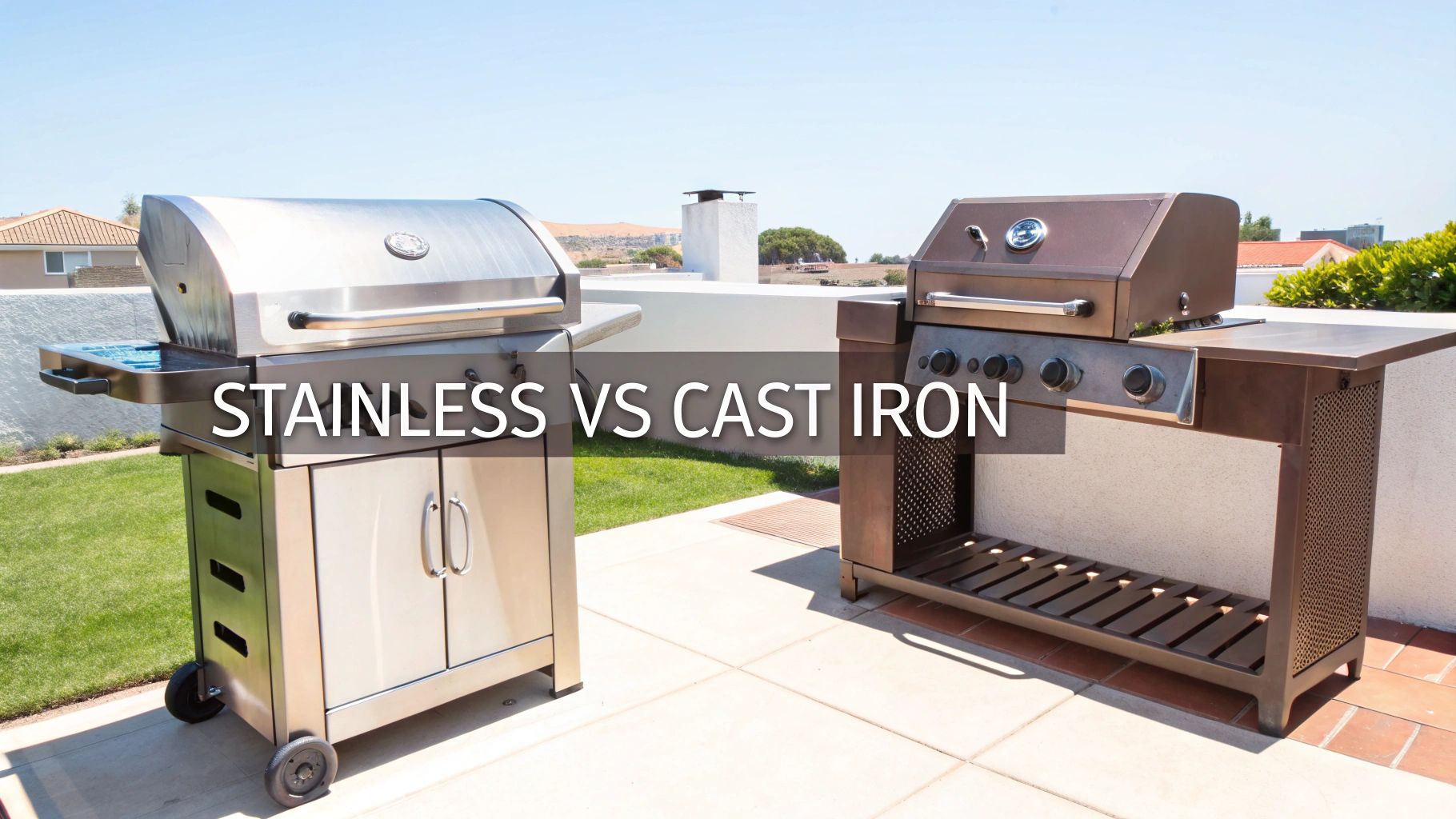 Two outdoor grills, one shiny stainless steel and one dark cast iron, on a sunny patio.