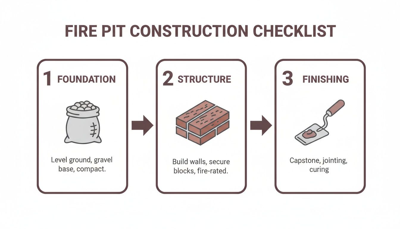 A visual checklist outlining three steps for fire pit construction: foundation, structure, and finishing with icons.