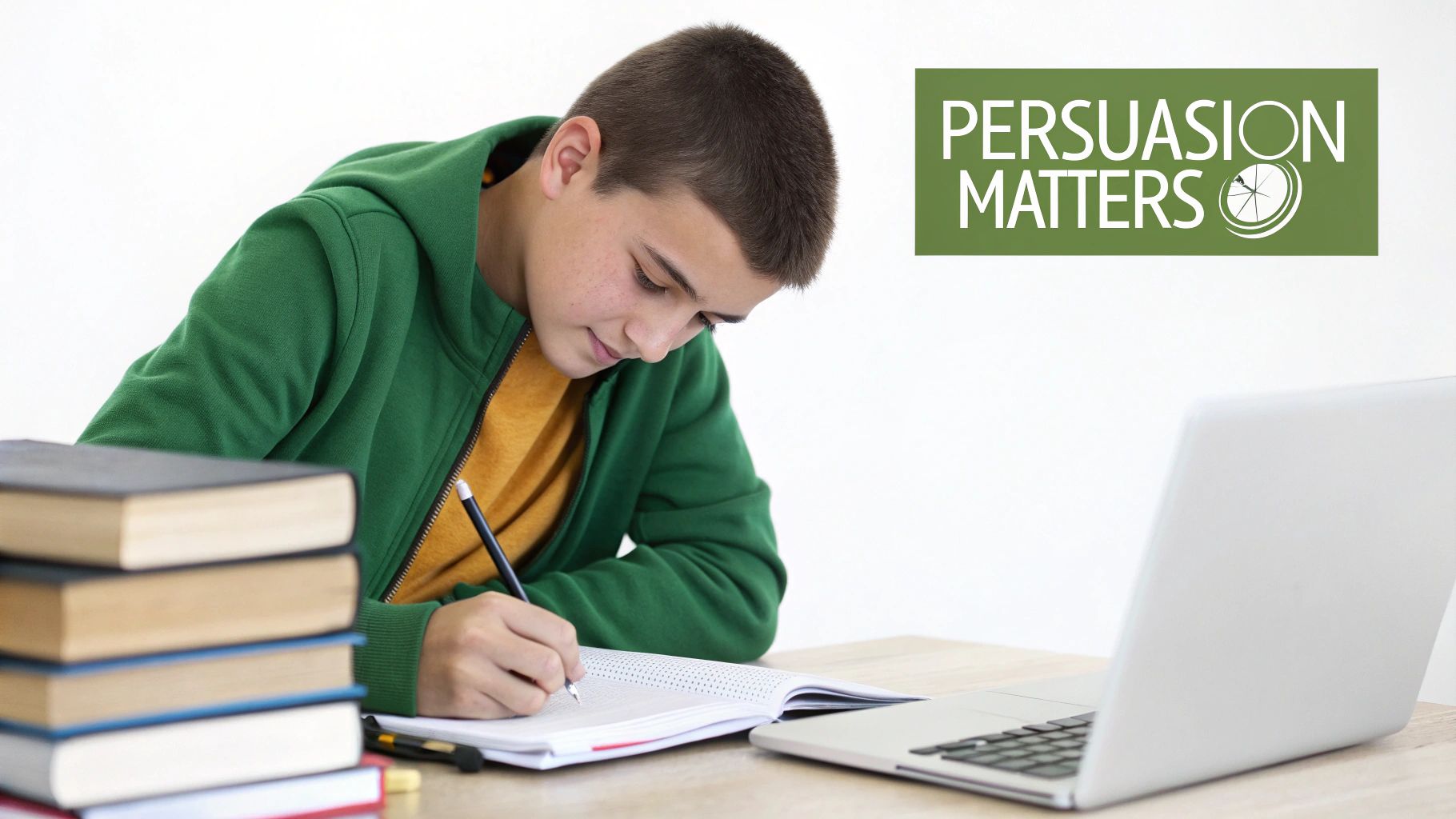 A student writes in a notebook at a desk with books and a laptop, promoting 'Persuasion Matters'.