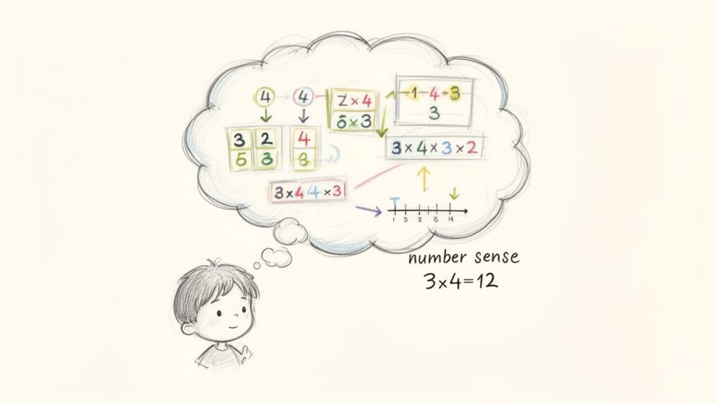A cartoon boy thoughtfully considering various multiplication and number sense concepts in a thought bubble.