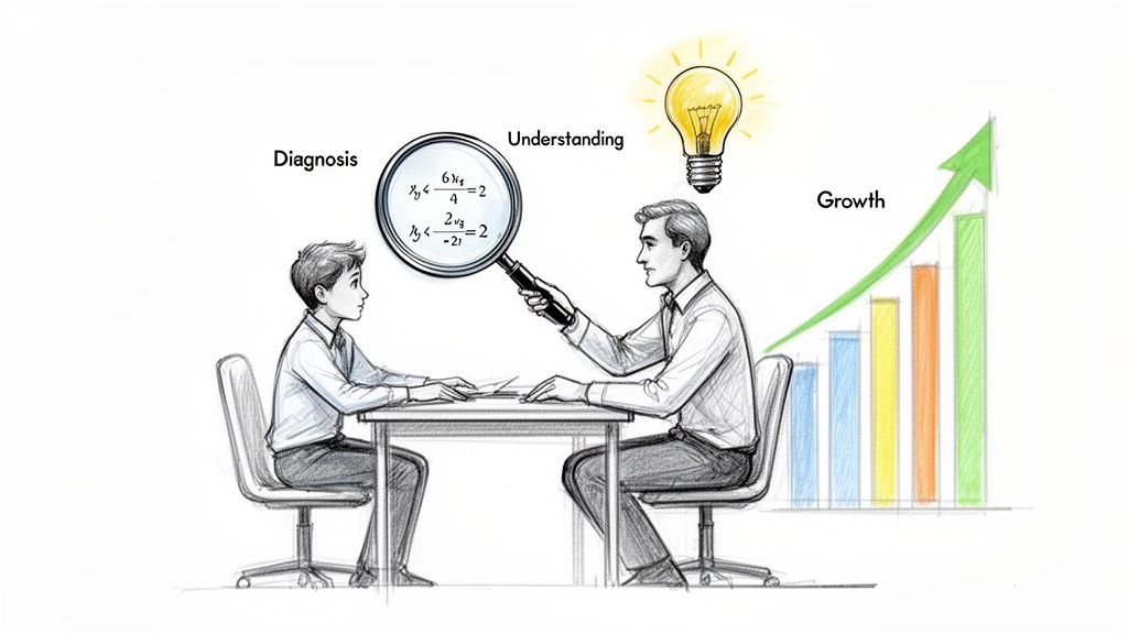 An illustration of an adult tutoring a child in math, showing diagnosis, understanding, and academic growth.