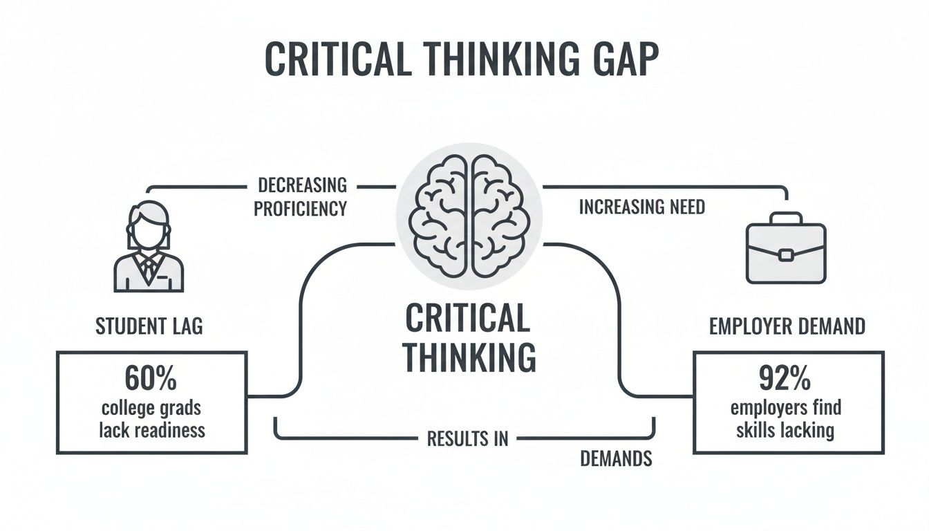 Infographic illustrating the critical thinking gap between student readiness and employer demand.