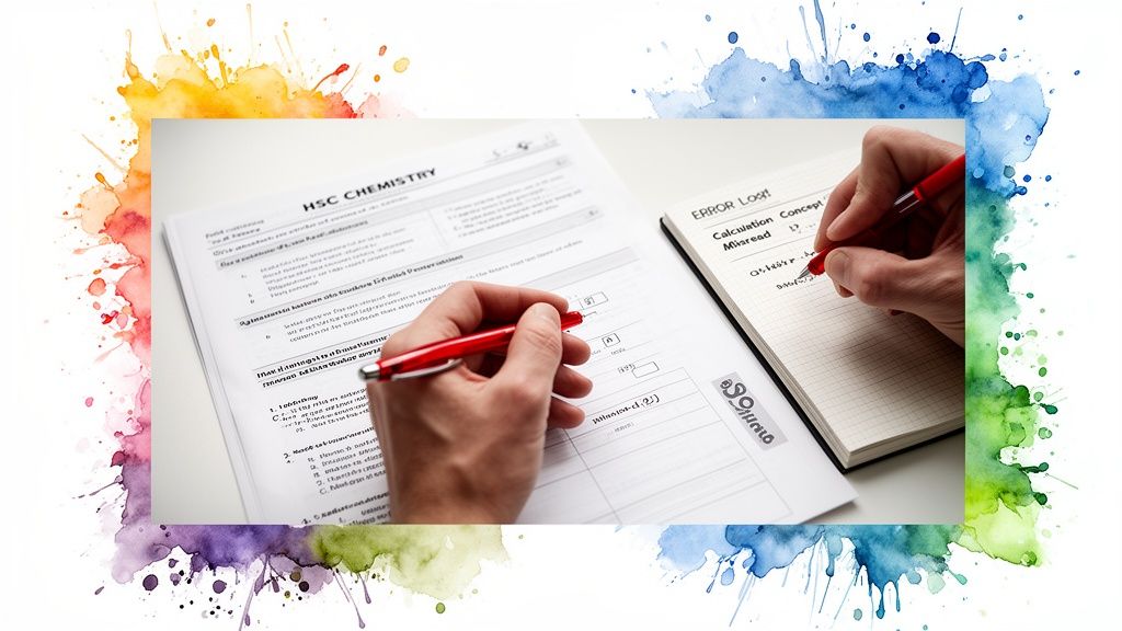 A student's hands with a red pen, working on HSC Chemistry past papers and an error log notebook.