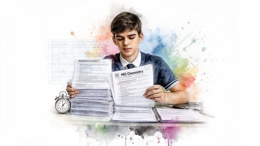 Young student studying hard for HSC Chemistry exams with a stack of papers and an alarm clock.