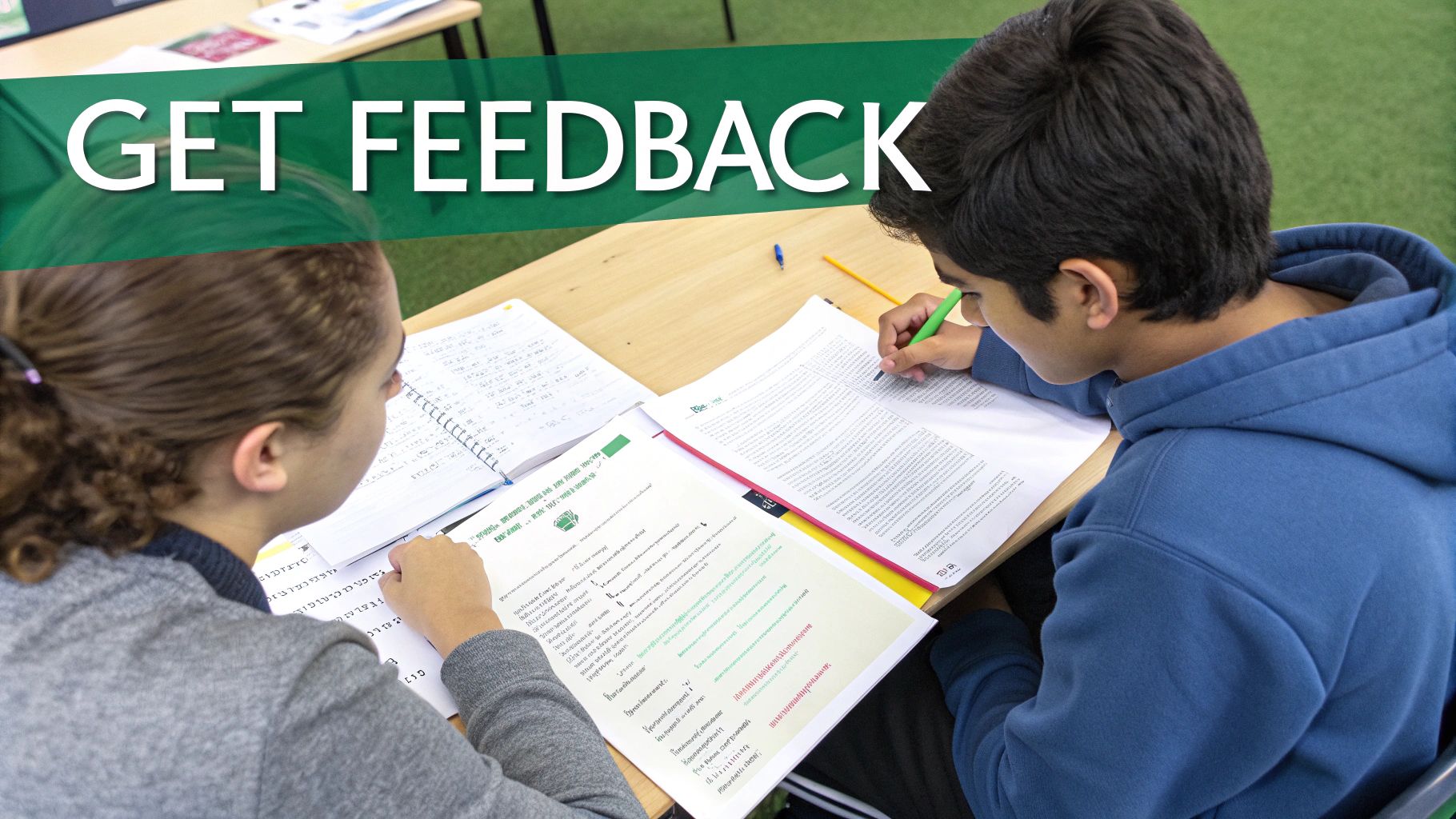 Two students actively collaborate on assignments at a desk, with a prominent 'GET FEEDBACK' banner.