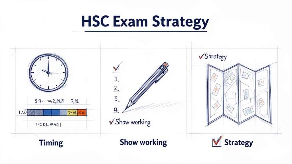 An illustration outlining the HSC Exam Strategy, covering timing management, the importance of showing working, and overall strategy.