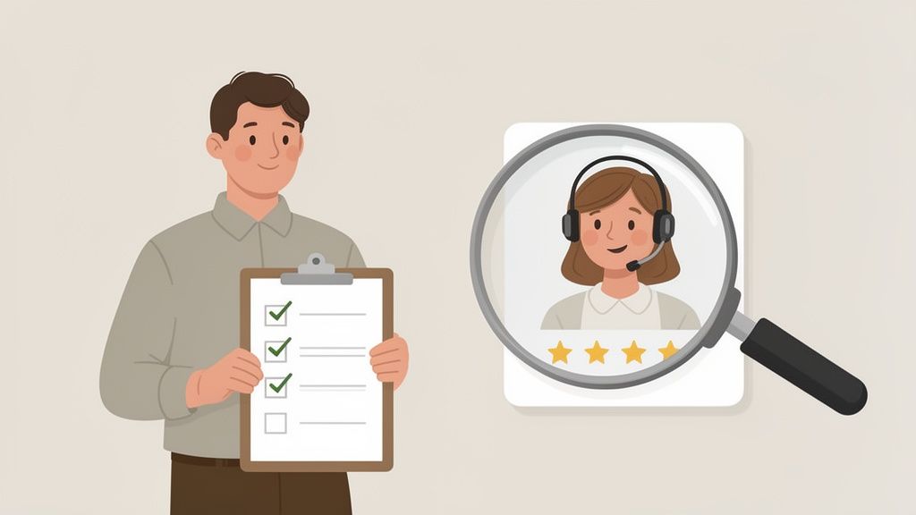 A man holds a checklist with items checked, reviewing a magnified image of a smiling customer service agent with a three-star rating.