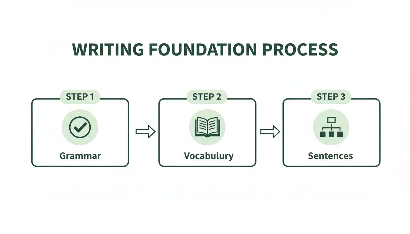 A three-step diagram outlining the writing foundation process: Grammar, Vocabulary, and Sentences.