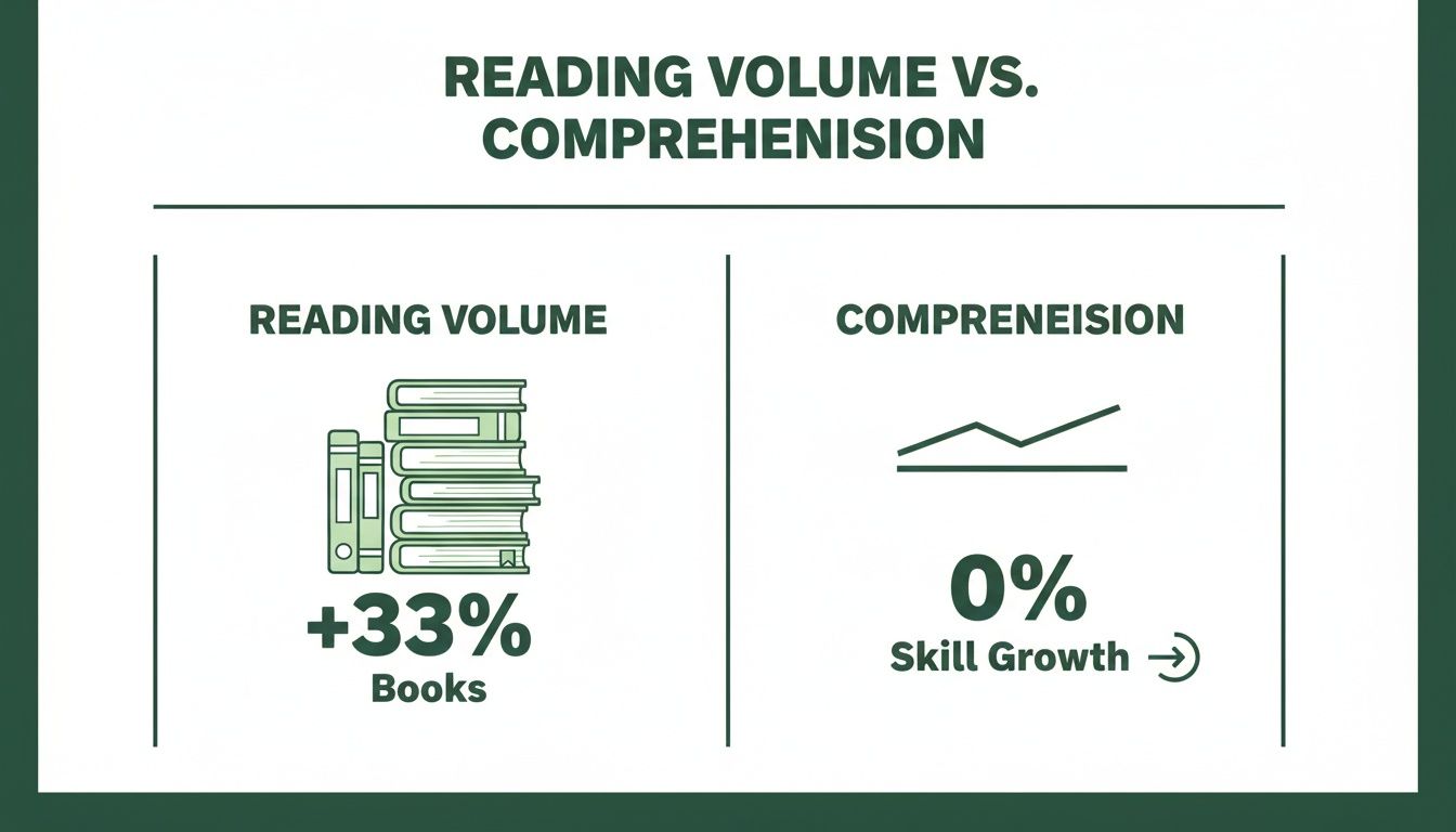 Infographic shows reading volume increasing by 33% but comprehension skill growth remaining at 0%.