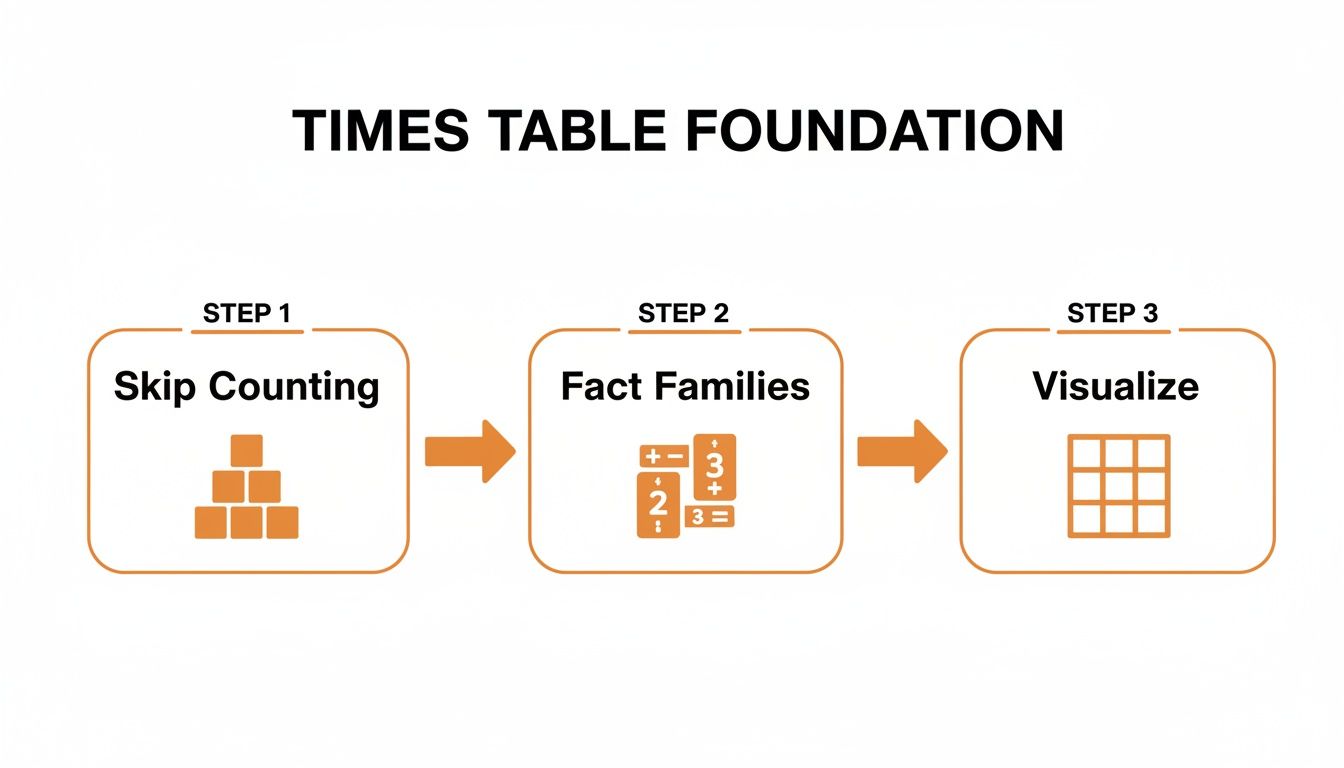 Diagram illustrating three foundational steps for learning times tables: skip counting, fact families, and visualization.