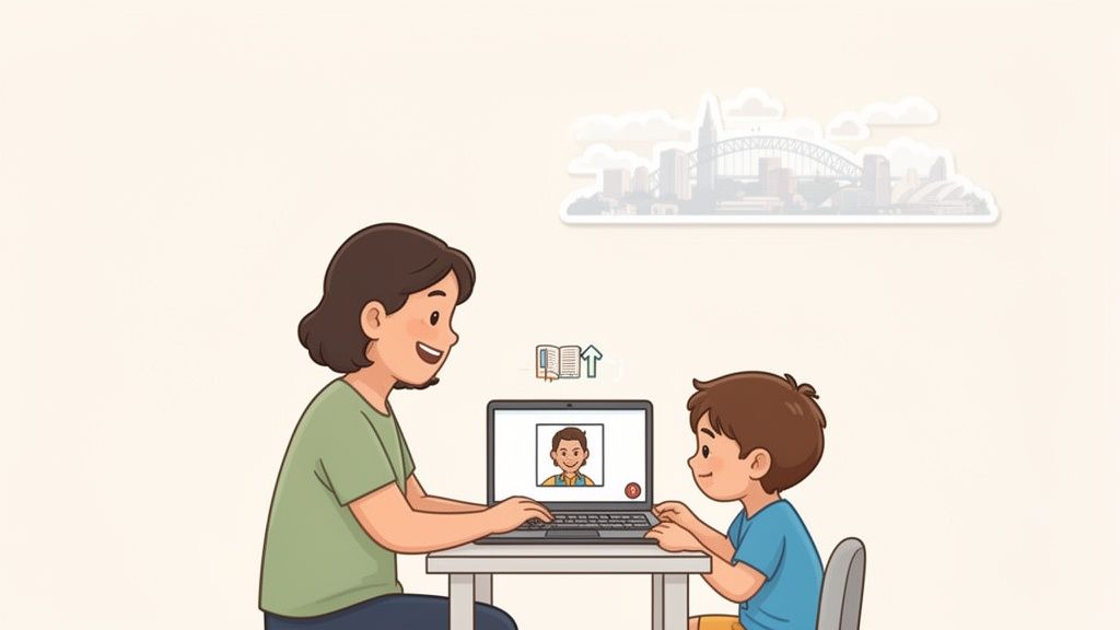 An adult and child smiling while engaging in an online tutoring session on a laptop.