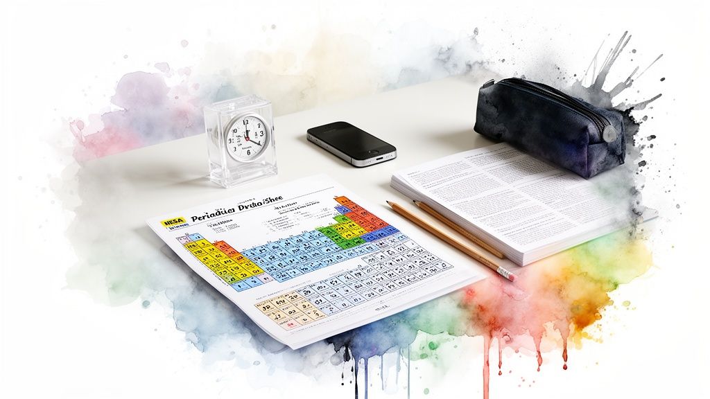 A study desk with a periodic table, textbooks, pencils, a phone, and a clock, surrounded by colorful watercolor splashes.