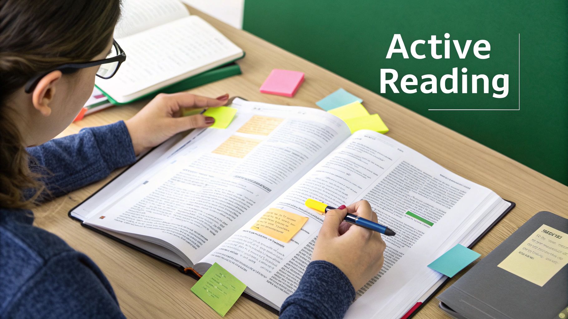 Close-up of a student actively reading a book, highlighting text, and using colorful sticky notes.