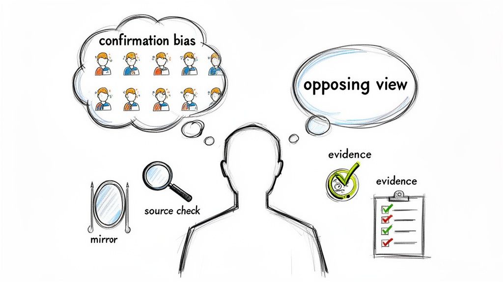 Illustration of a person balancing confirmation bias and opposing views with tools for critical thinking: mirror, source check, and evidence.