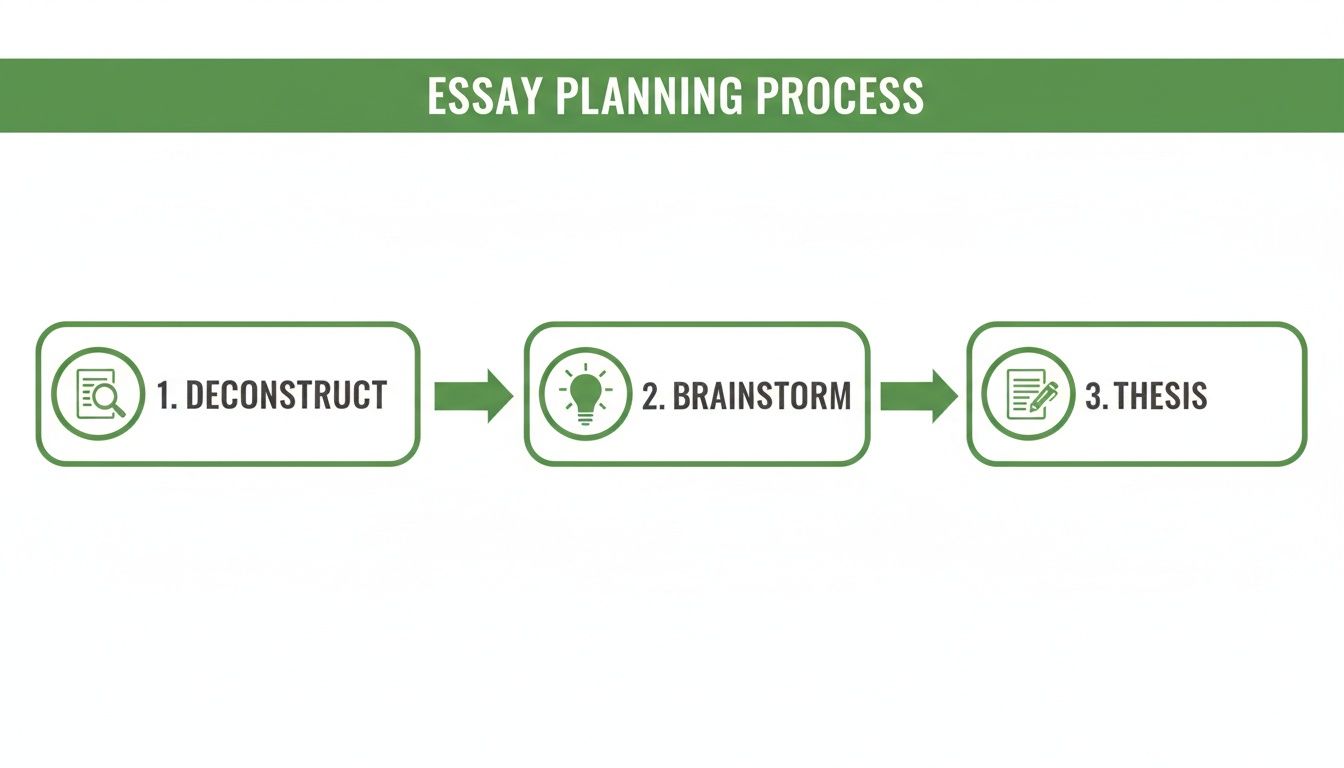 Flowchart illustrating a three-step essay planning process: deconstruct, brainstorm, and thesis generation.
