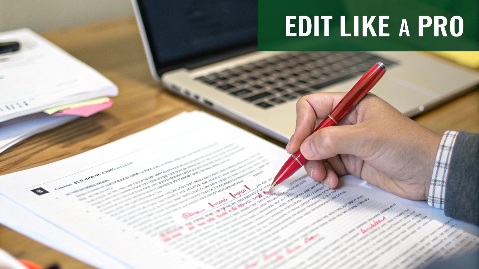 A person's hand using a red pen to edit a document, with a laptop and 'EDIT LIKE A PRO' banner.