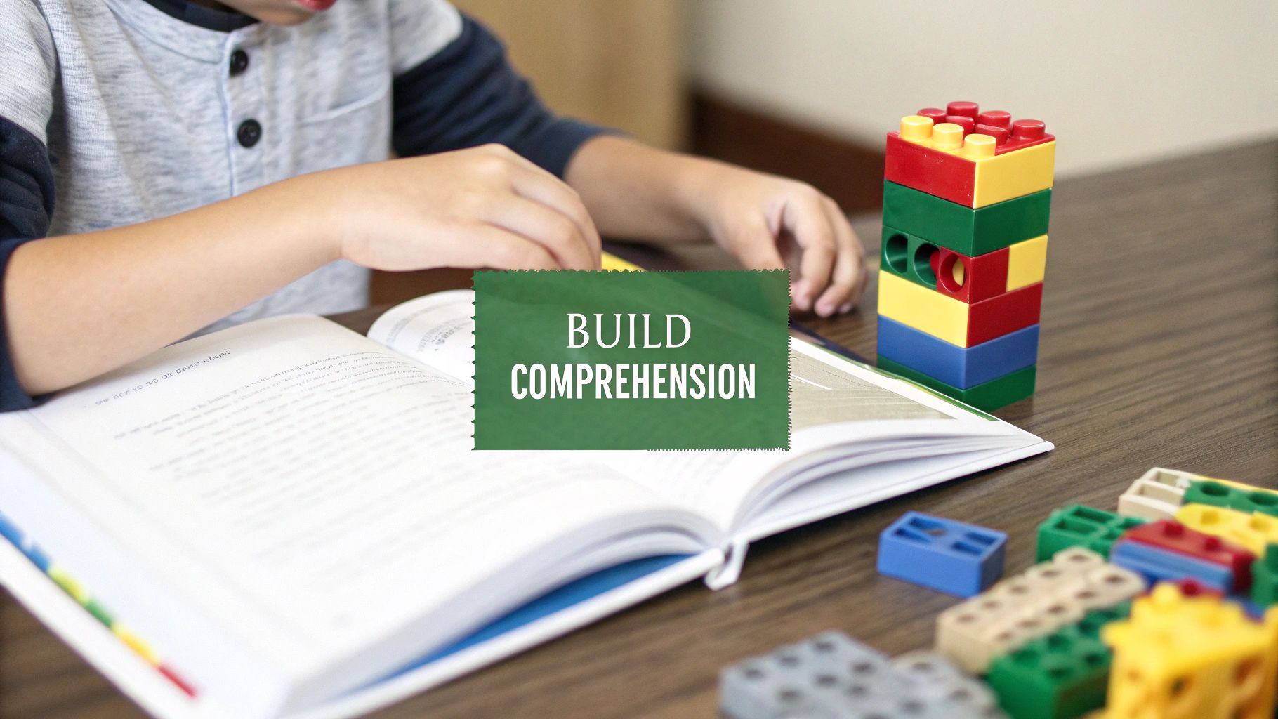 A child with an open book and colorful building blocks, with text overlay 'BUILD COMPREHENSION'.