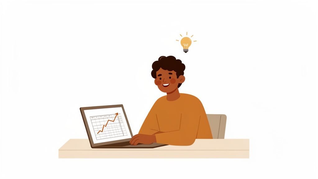 A smiling person looking at a laptop with a rising graph, symbolizing a new business idea.