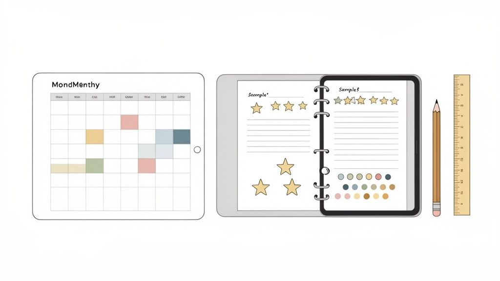 A digital tablet displays a mood tracker calendar and a planner with stars, color palettes, pencil, and ruler.