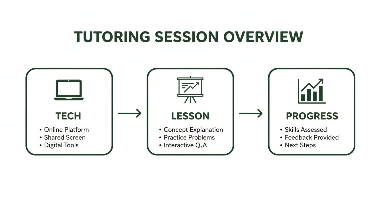 Flowchart illustrating the three stages of an online tutoring session: Tech, Lesson, and Progress.