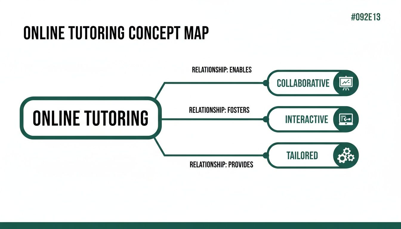 A concept map titled 'Online Tutoring' illustrating its characteristics as collaborative, interactive, and tailored.