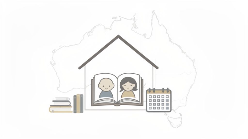 Illustration of homeschooling in Australia, featuring a house, an open book with children, and a calendar.