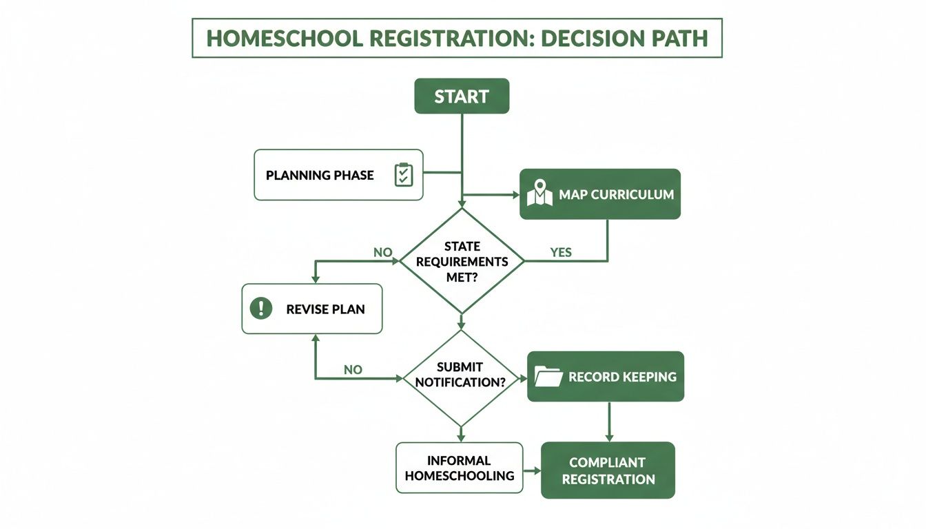A flowchart outlining the homeschool registration decision path, covering planning, requirements, and compliance.