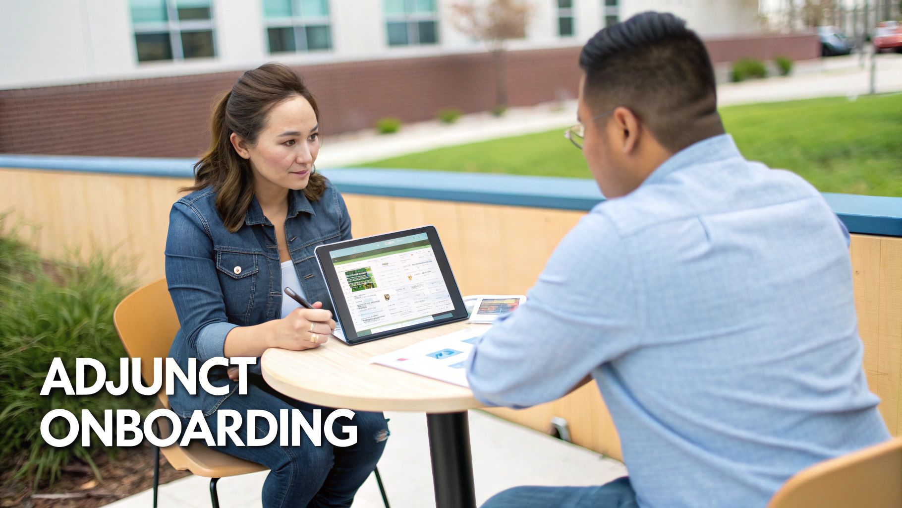 Two people, likely an adjunct professor and colleague, discuss onboarding materials on a tablet outdoors.