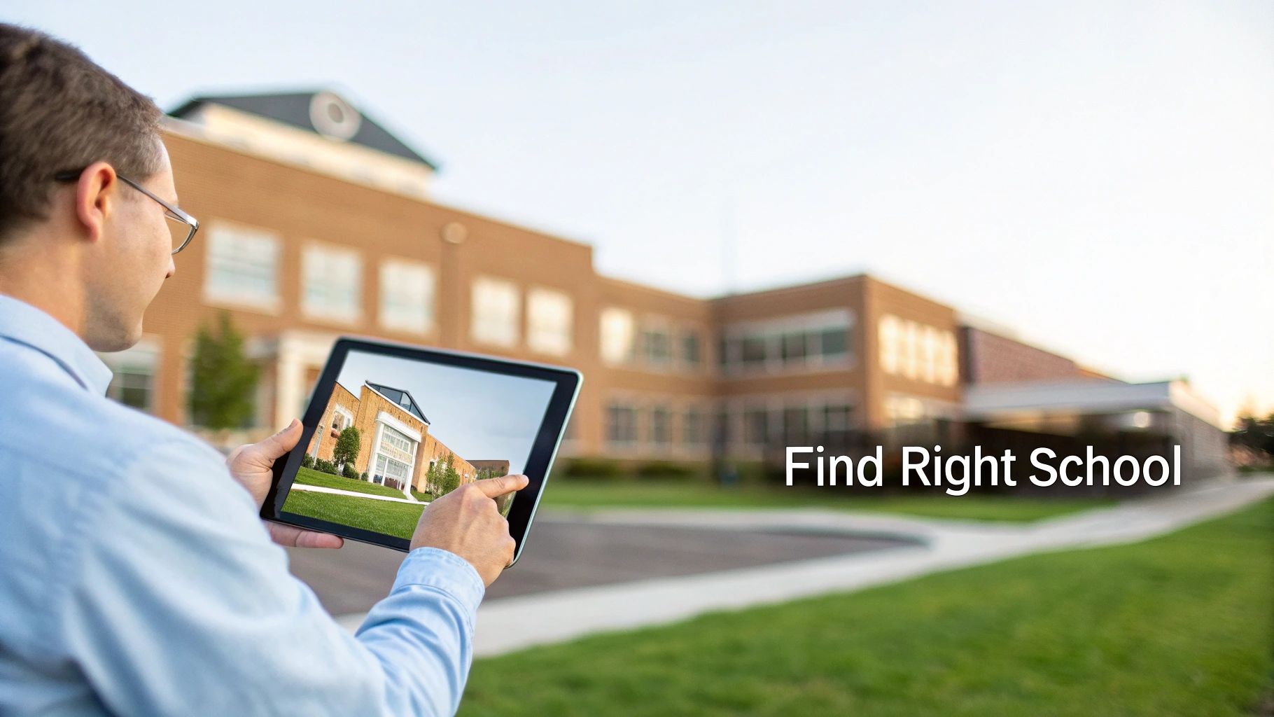 Man holding a tablet displaying a school building, searching for the right educational institution.