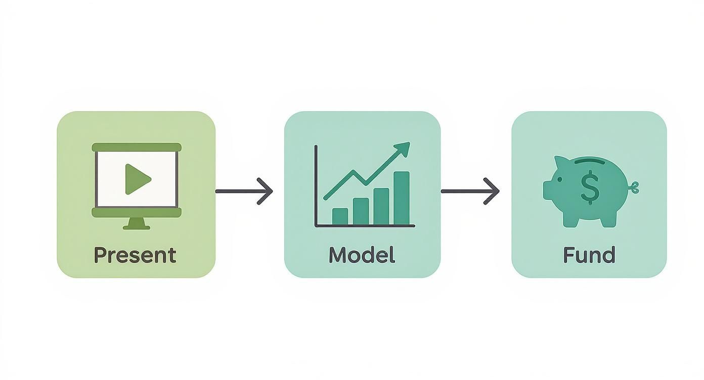 Three-step business process diagram showing present, model, and fund stages with icons