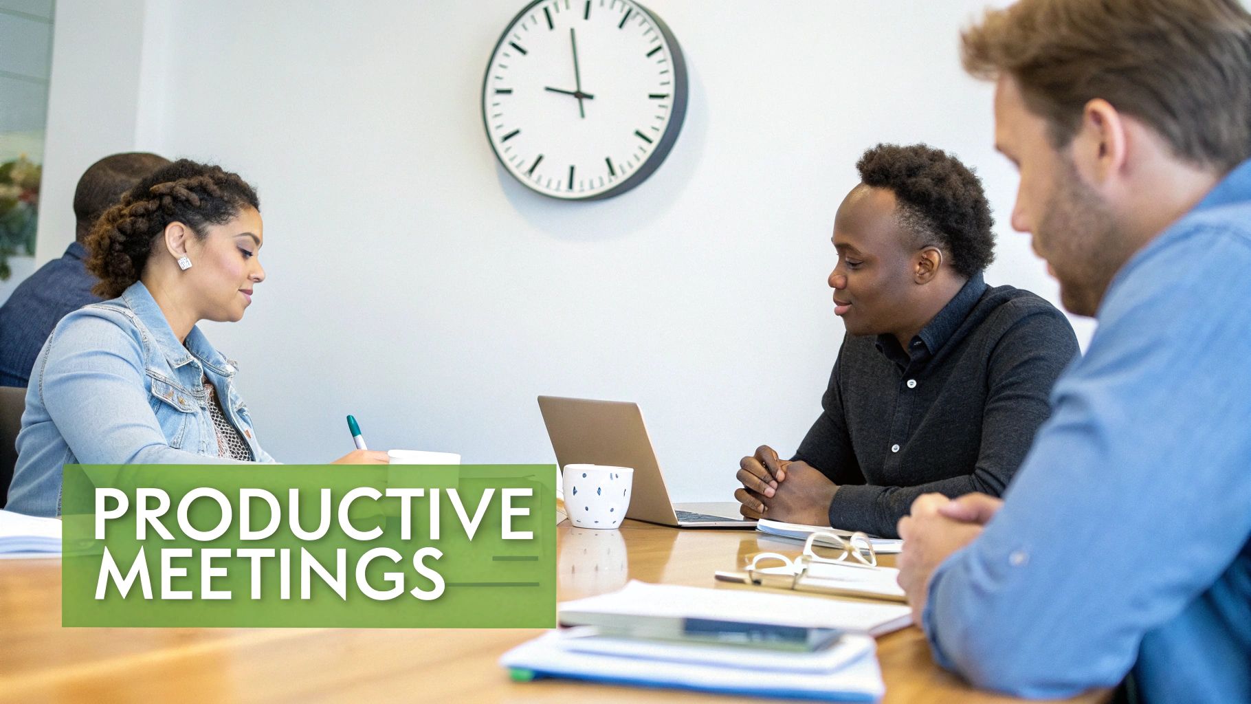 Diverse professionals in a modern office, collaborating during a productive meeting with laptops and notes.