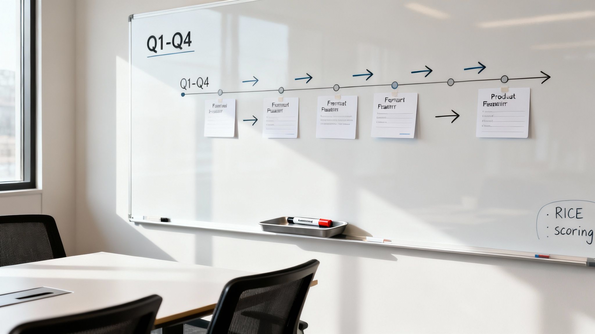 An office whiteboard displays a 'Q1-Q4' product development timeline with sticky notes outlining features and RICE scoring.