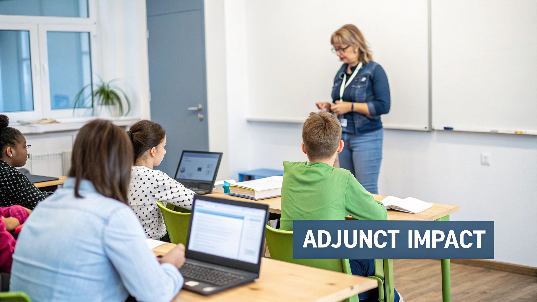 A female teacher stands by a whiteboard, addressing students working on laptops in a classroom.