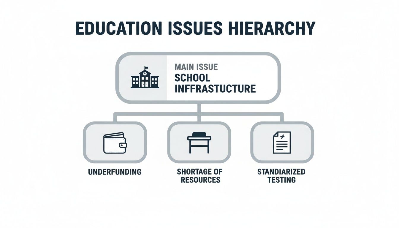 Education issues hierarchy showing school infrastructure as the main problem, leading to underfunding, resource shortages, and standardized testing.