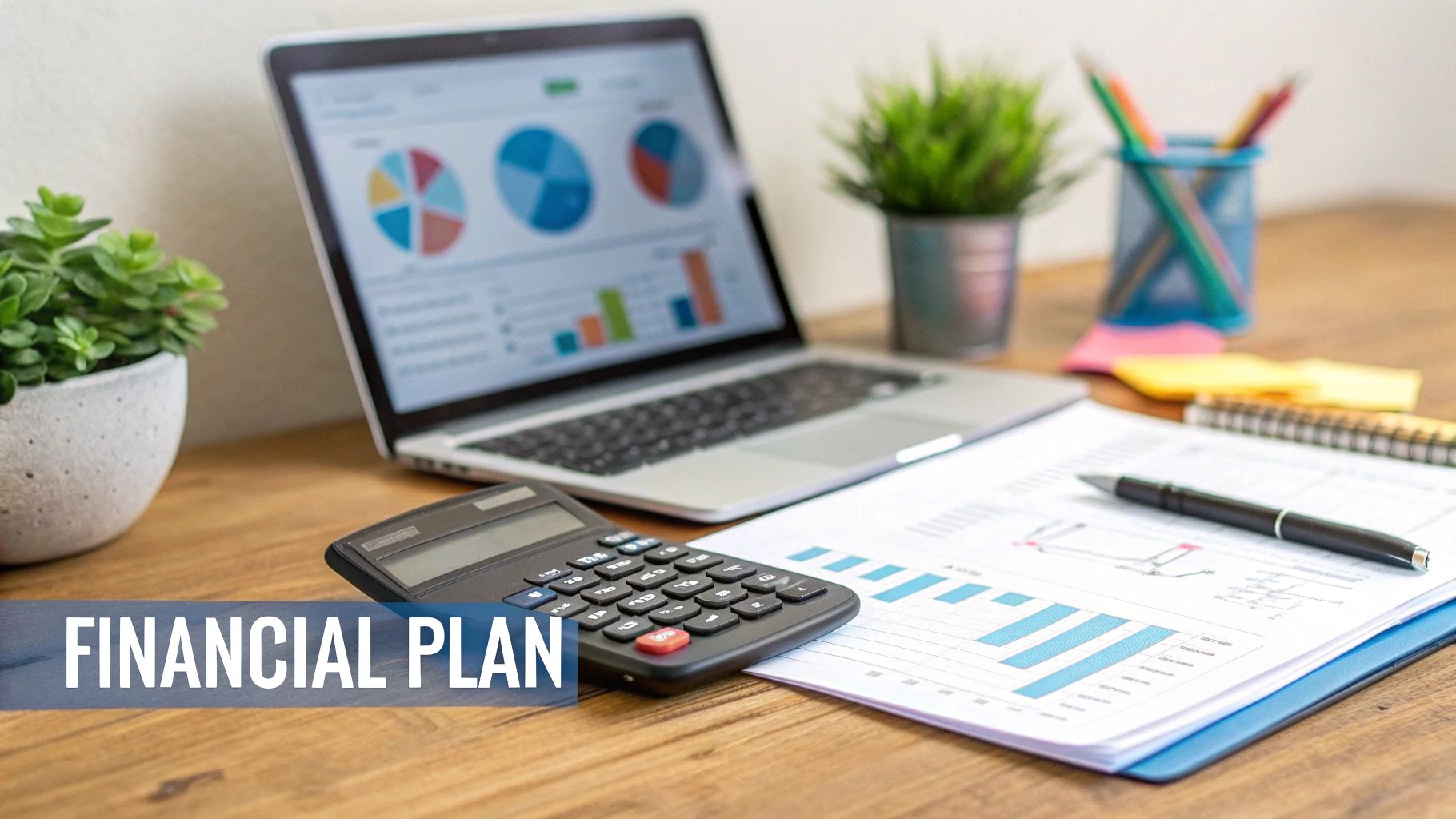 Financial plan documents with calculator, laptop showing charts, and business analytics on wooden desk