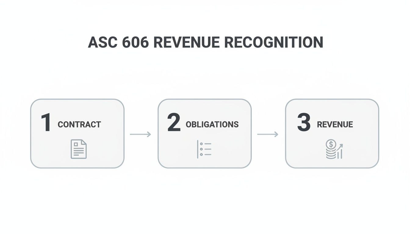 Diagram illustrating the three-step ASC 606 Revenue Recognition process: Contract, Obligations, and Revenue.