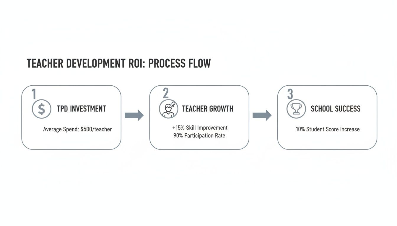 Process flow chart showing Teacher Development ROI from investment to teacher growth and school success.