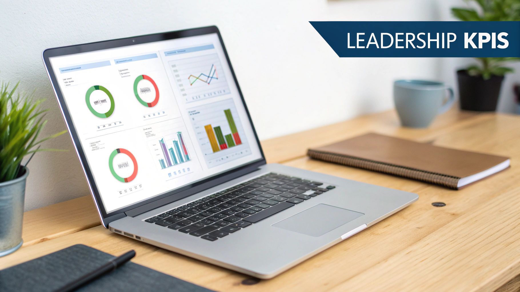 Laptop displaying a leadership KPIs dashboard with various data charts on a wooden desk.