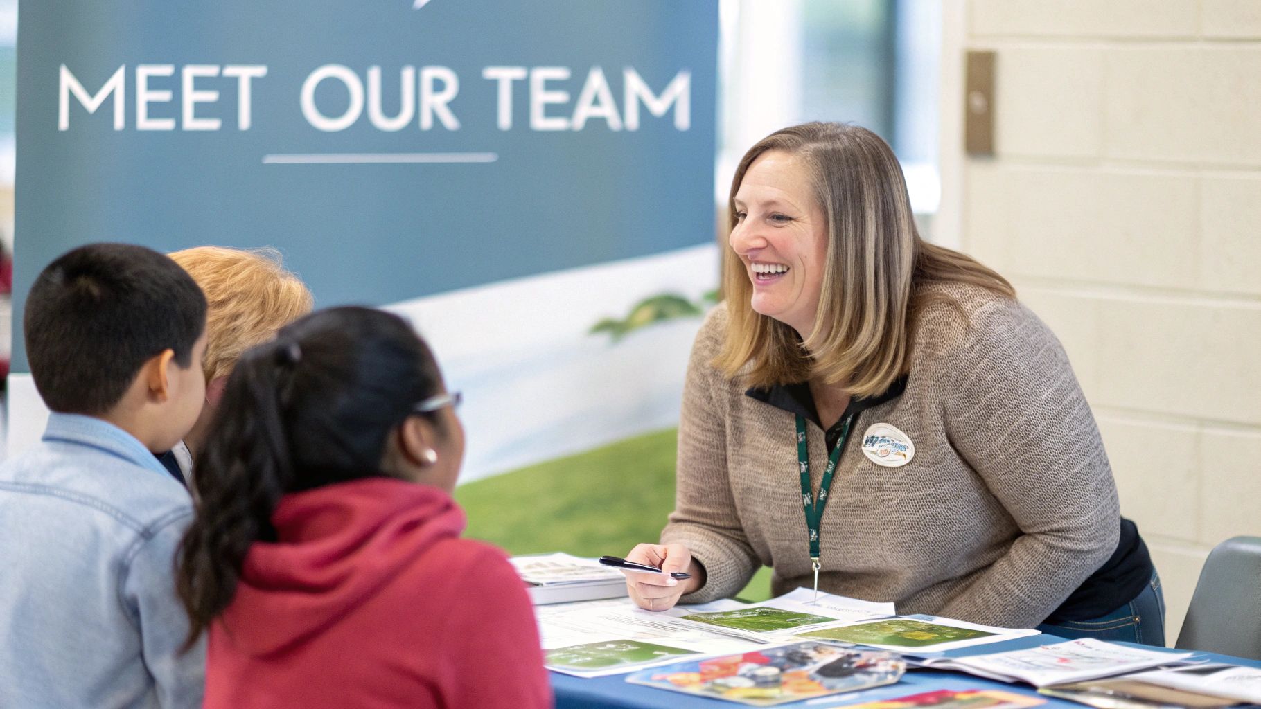 A curious child and a teacher looking closely at a plant in a sunlit classroom, symbolizing the questions and discovery inherent in early education.