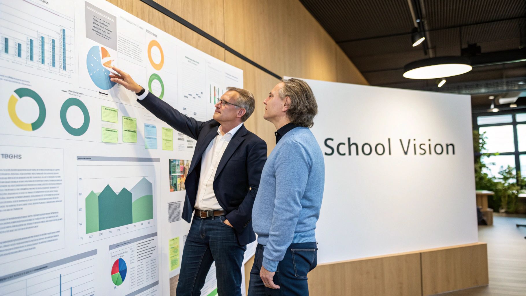 Two men discuss data and charts on a large white board, one pointing at a pie graph.