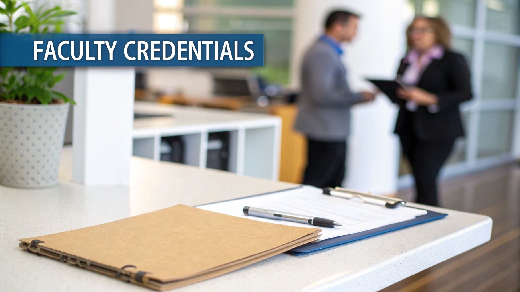 A brown folder and clipboard on a desk with a 'FACULTY CREDENTIALS' banner and blurred people.