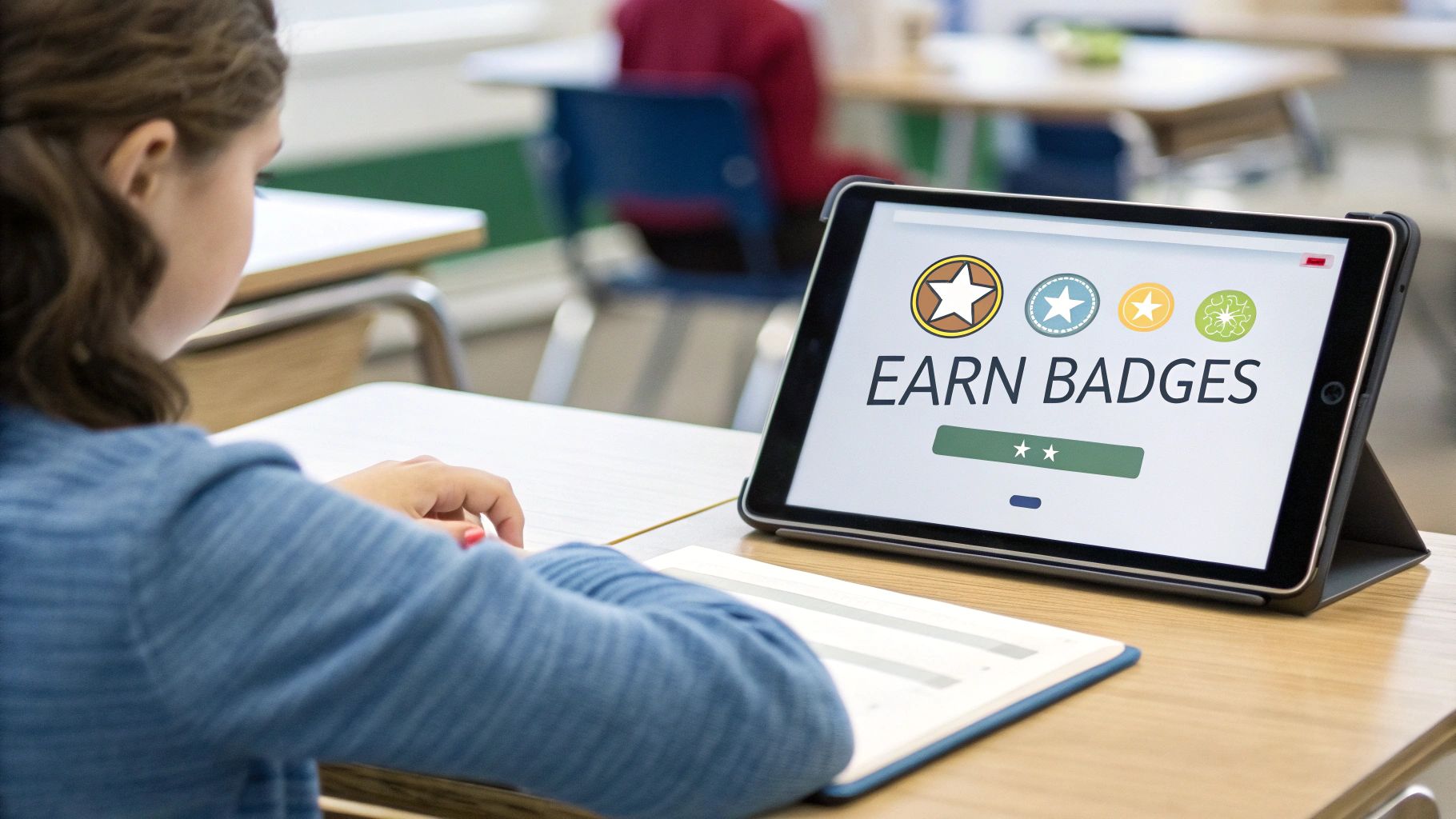 A student in a classroom uses a tablet displaying 'EARN BADGES' and achievement icons.